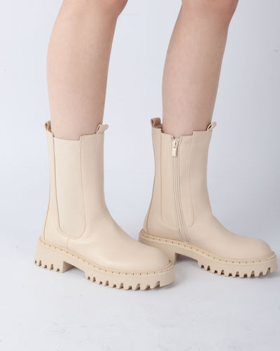 Lug Sole Mid-Calf Boots - Beige