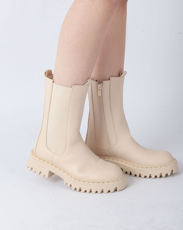 Lug Sole Mid-Calf Boots - Beige