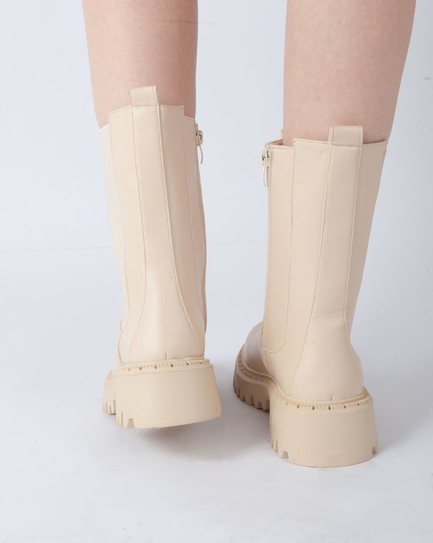 Lug Sole Mid-Calf Boots - Beige