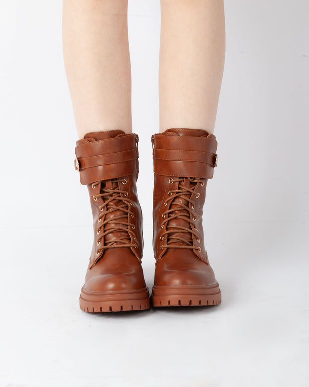 Golden Buckle Combat Boots - Camel