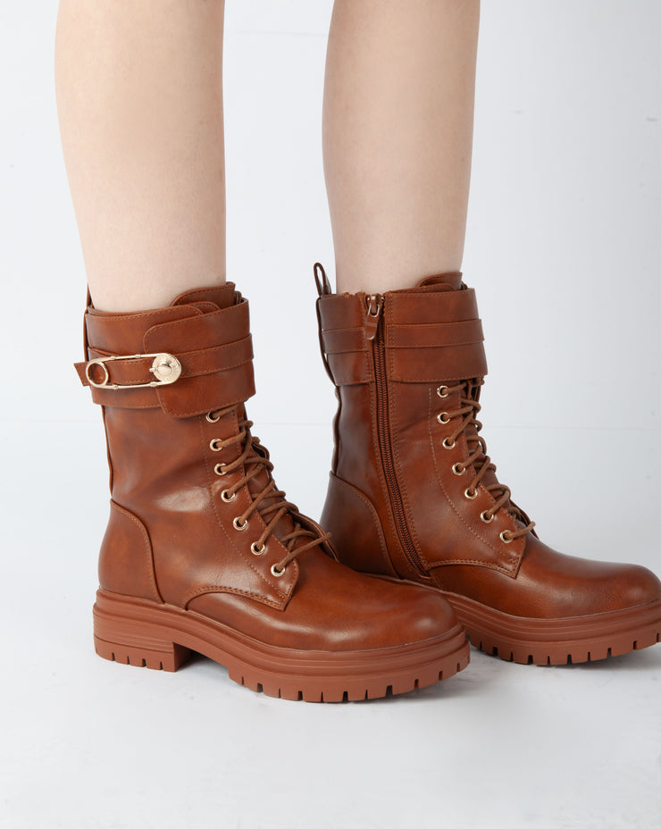 Golden Buckle Combat Boots - Camel