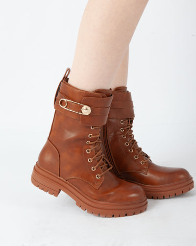 Golden Buckle Combat Boots - Camel