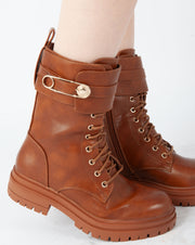 Golden Buckle Combat Boots - Camel