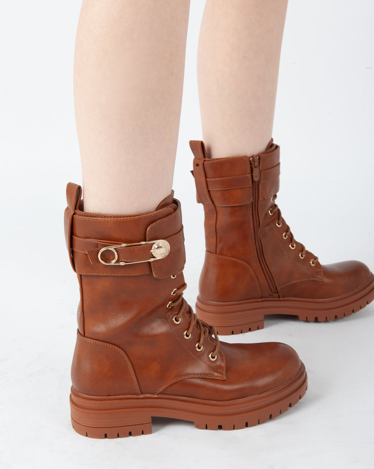 Golden Buckle Combat Boots - Camel