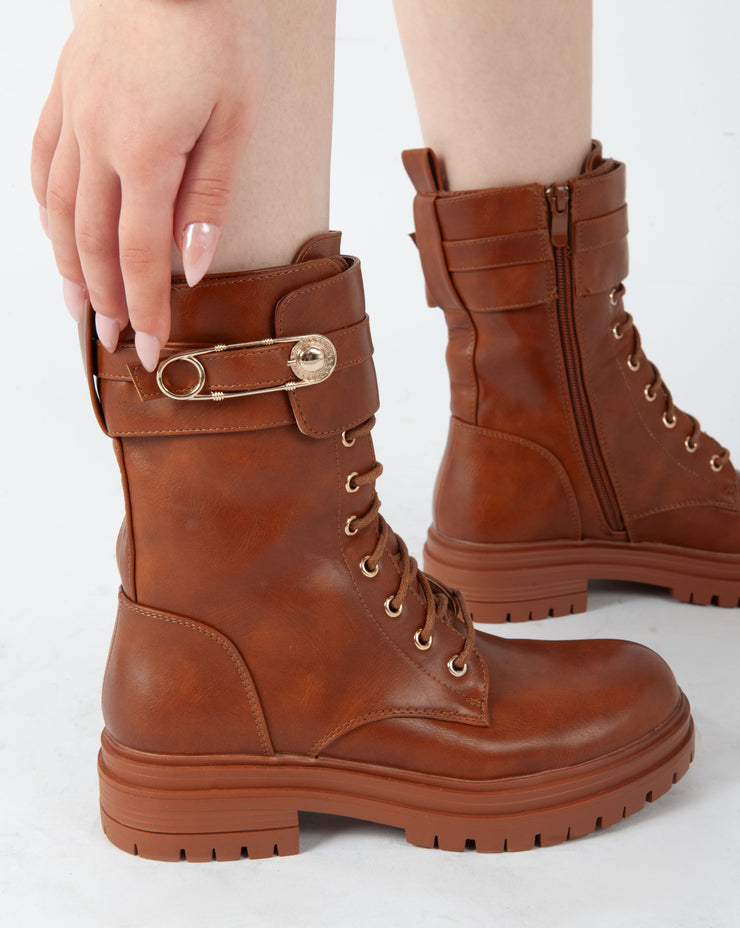 Golden Buckle Combat Boots - Camel