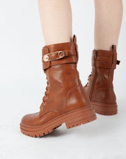 Golden Buckle Combat Boots - Camel