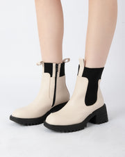 Contrast Ribbed Chelsea Boots - Beige