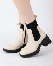 Contrast Ribbed Chelsea Boots - Beige