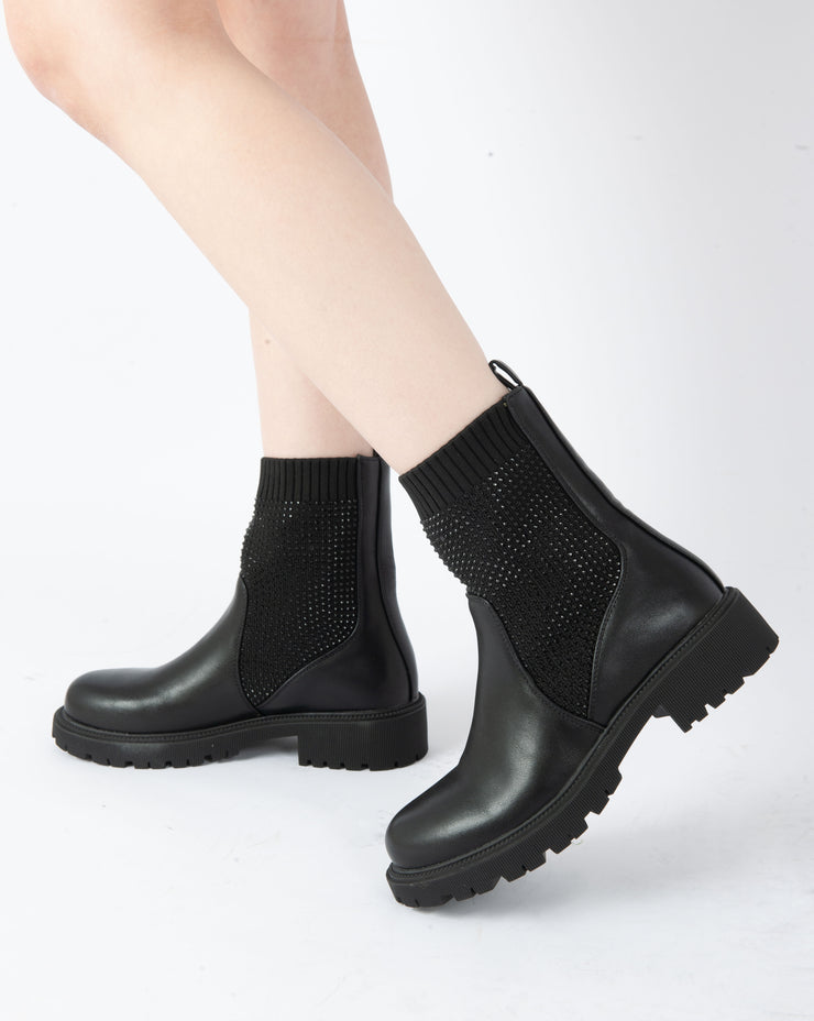 Studded Knit Ankle Boots - Black