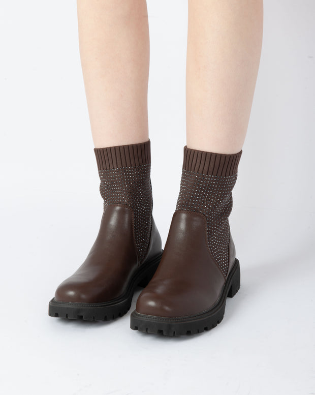 Studded Knit Ankle Boots - Brown