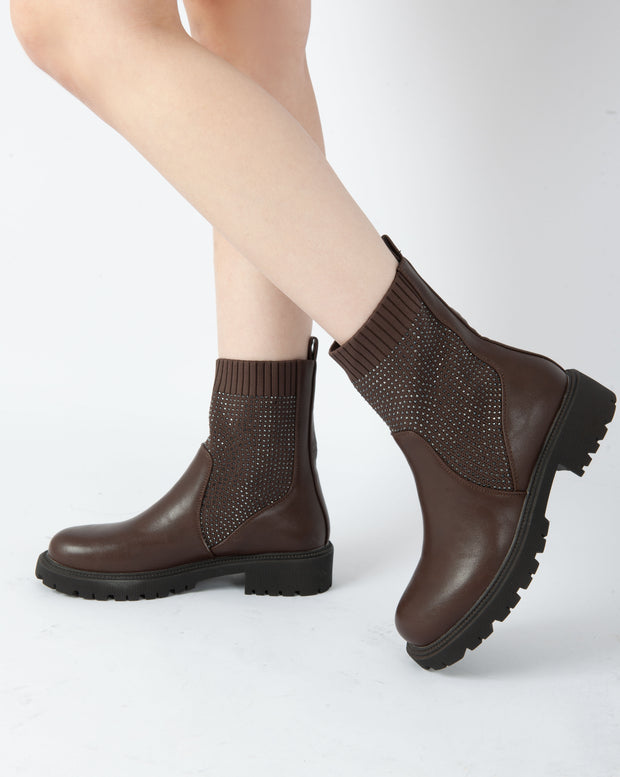 Studded Knit Ankle Boots - Brown