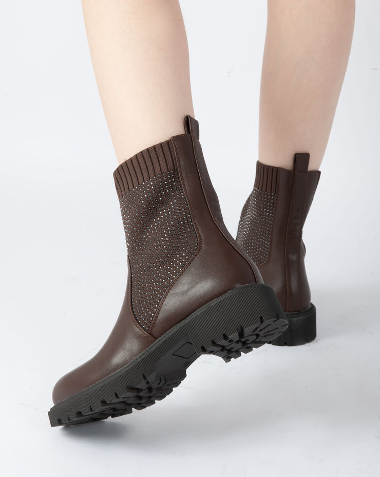 Studded Knit Ankle Boots - Brown