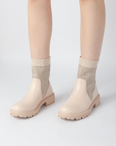 Studded Knit Ankle Boots - Beige