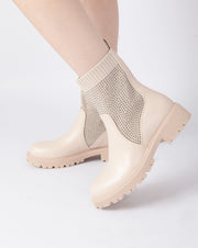 Studded Knit Ankle Boots - Beige