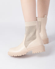 Studded Knit Ankle Boots - Beige