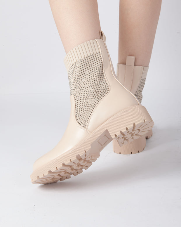 Studded Knit Ankle Boots - Beige