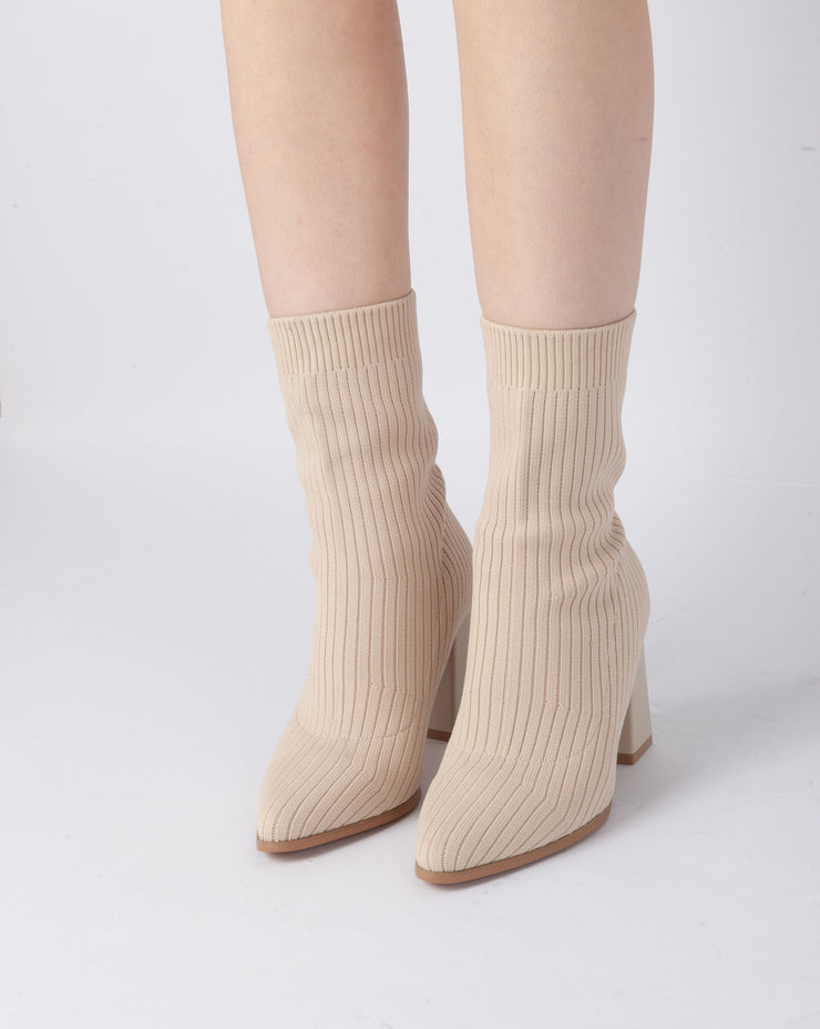 Knitted Block Heel Boots - Beige