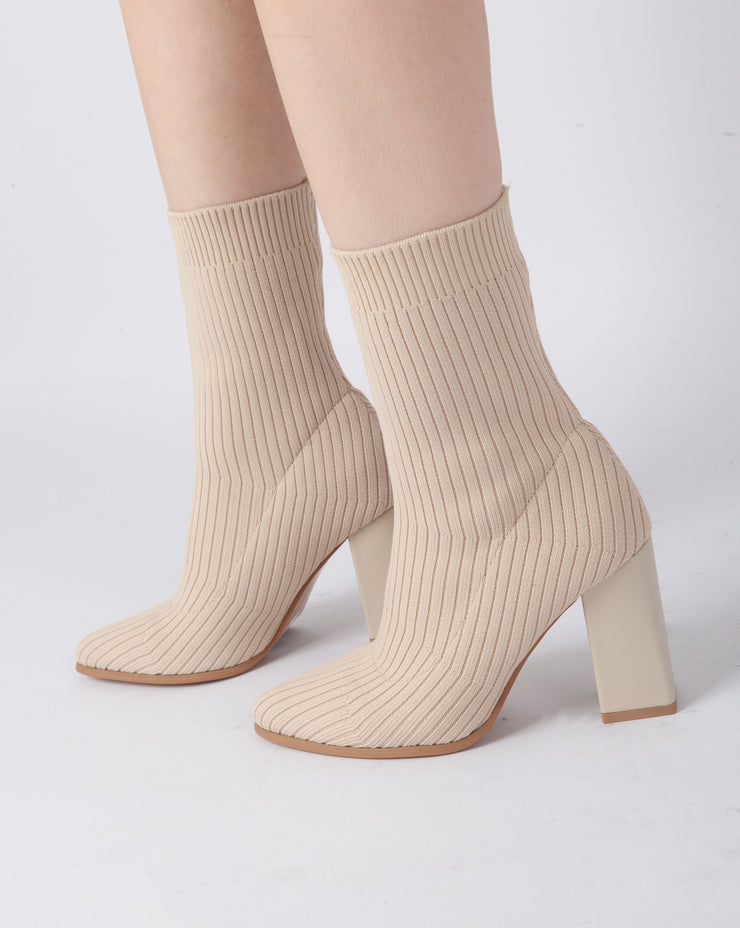 Knitted Block Heel Boots - Beige