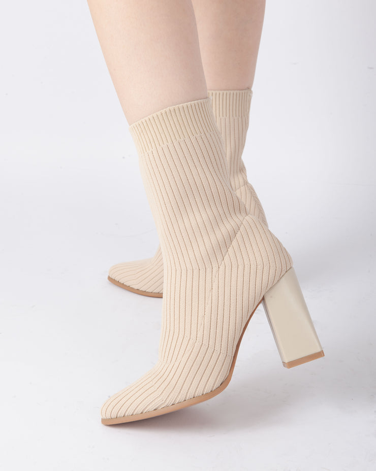 Knitted Block Heel Boots - Beige