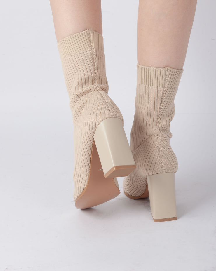 Knitted Block Heel Boots - Beige