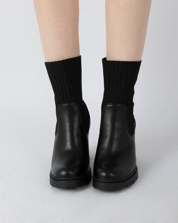 Patent Knit Heeled Boots - Black