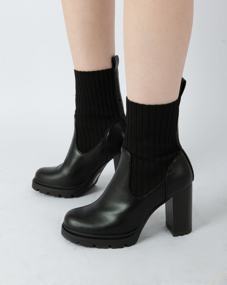 Patent Knit Heeled Boots - Black