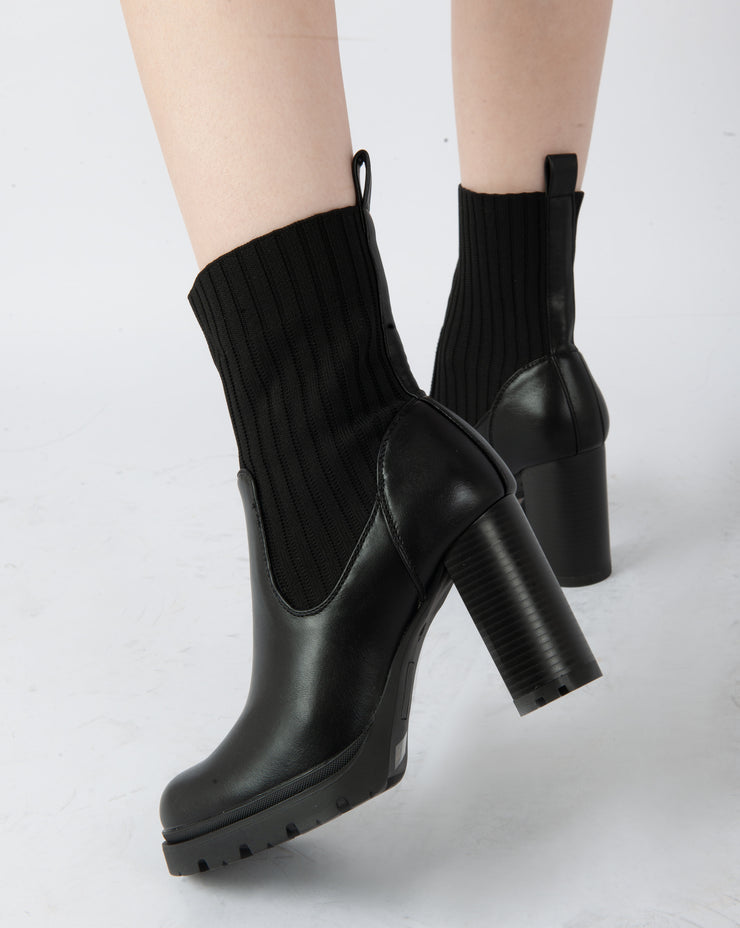 Patent Knit Heeled Boots - Black