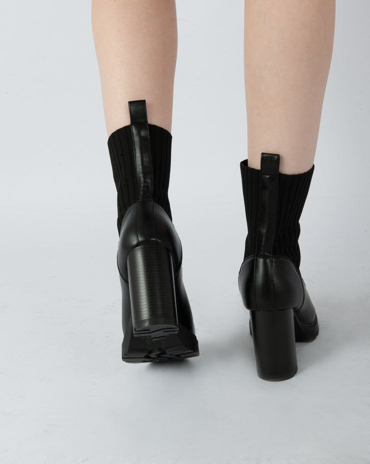 Patent Knit Heeled Boots - Black