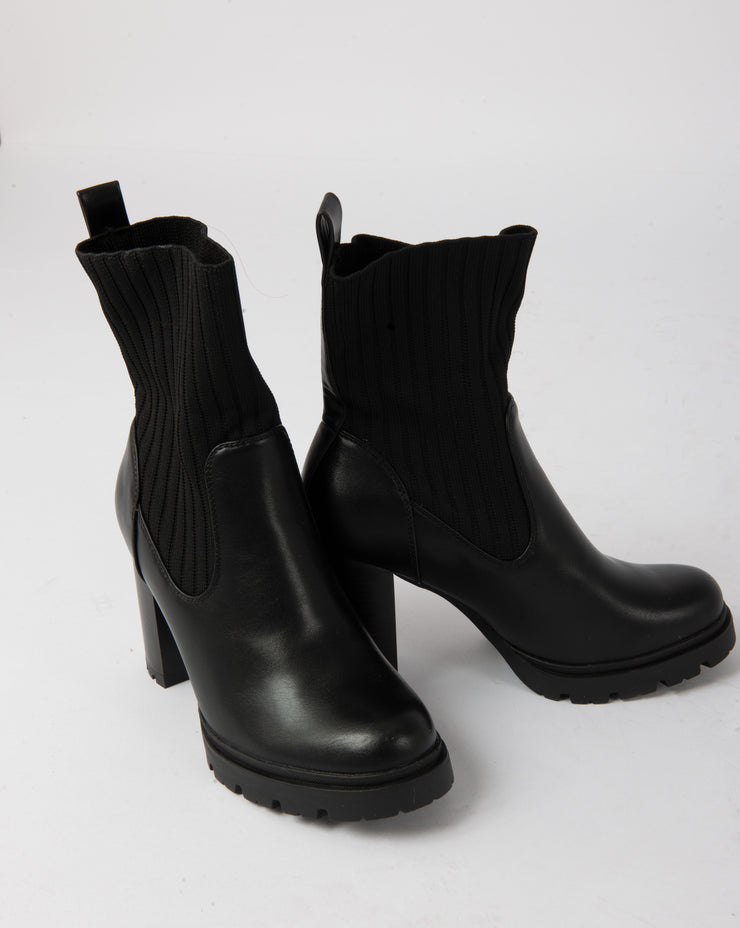 Patent Knit Heeled Boots - Black