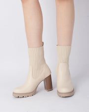 Patent Knit Heeled Boots - Beige