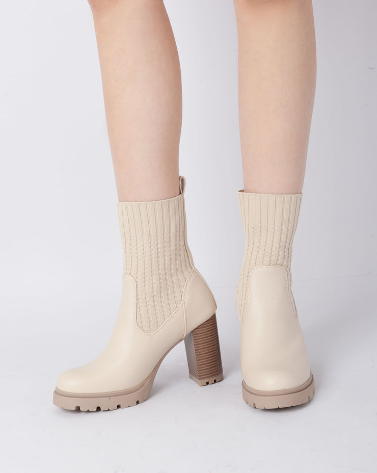 Patent Knit Heeled Boots - Beige