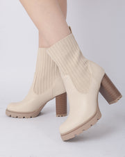 Patent Knit Heeled Boots - Beige