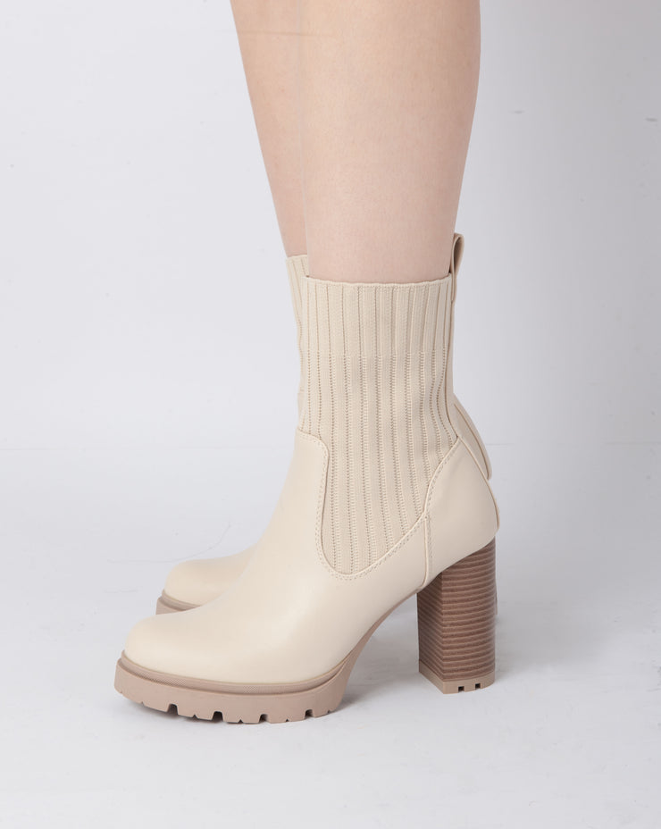 Patent Knit Heeled Boots - Beige