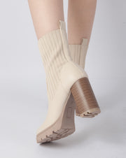 Patent Knit Heeled Boots - Beige