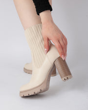 Patent Knit Heeled Boots - Beige