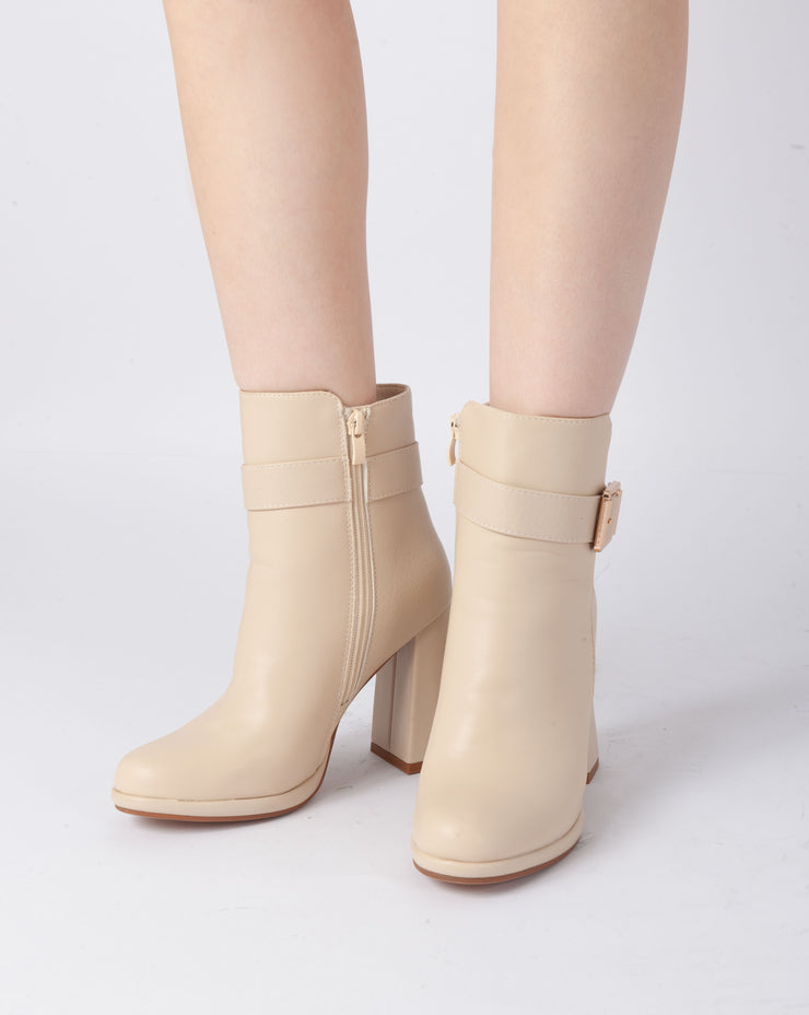 Textured Buckle Heel Boots - Beige