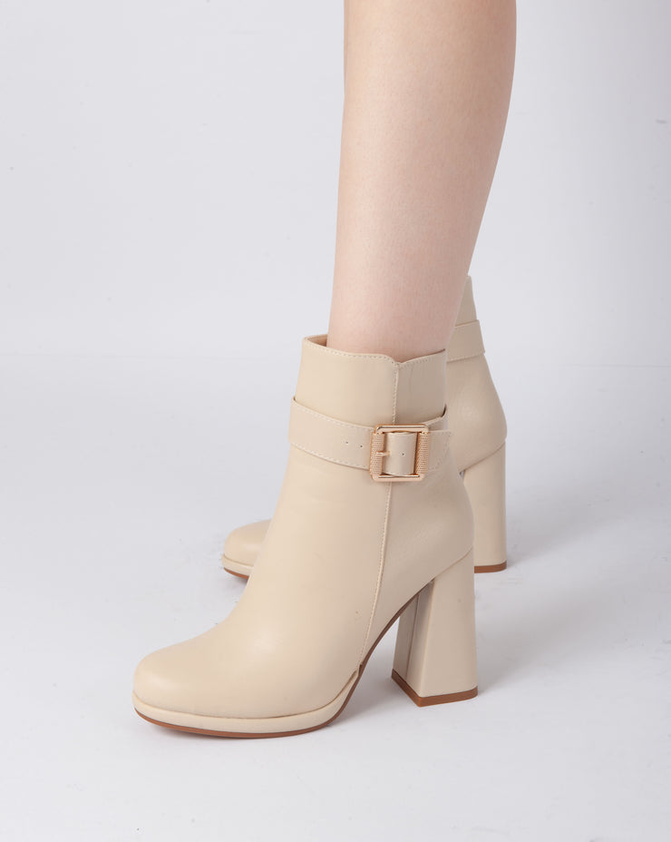 Textured Buckle Heel Boots - Beige