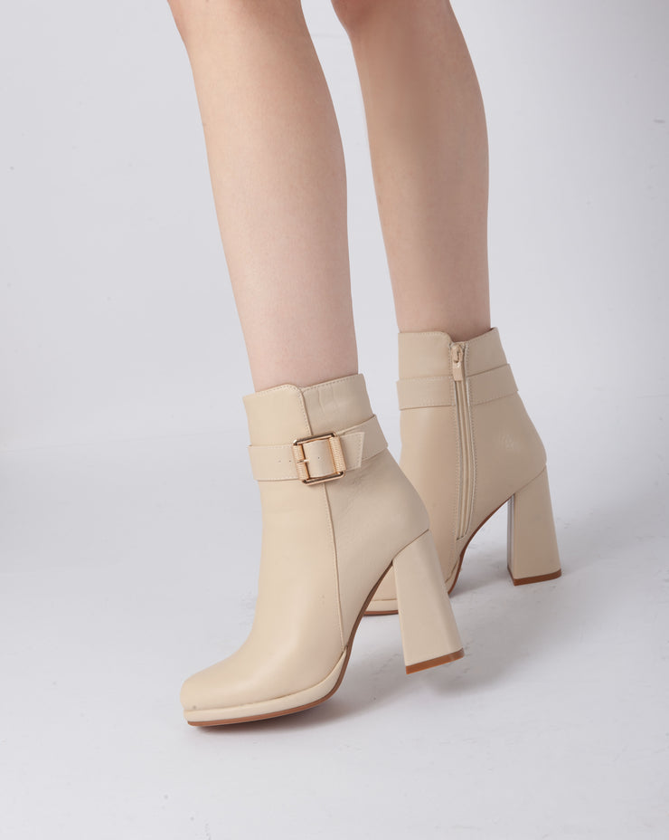 Textured Buckle Heel Boots - Beige