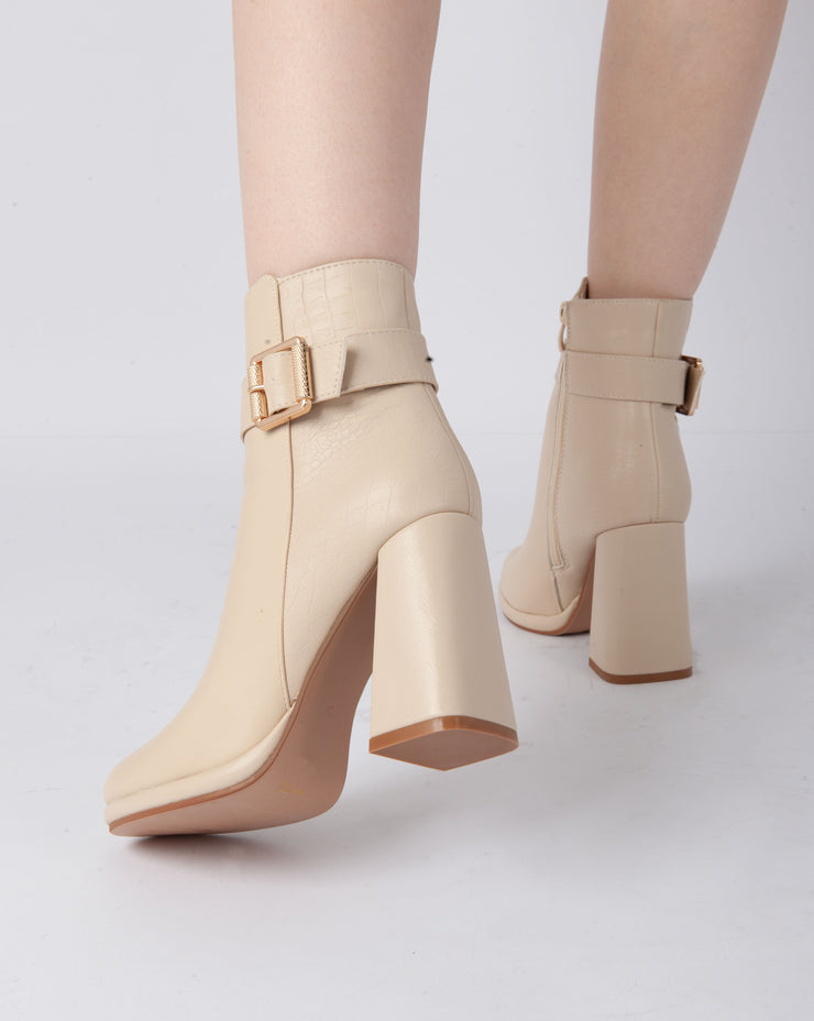 Textured Buckle Heel Boots - Beige