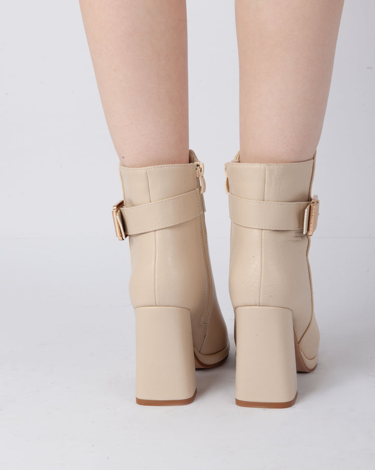 Textured Buckle Heel Boots - Beige