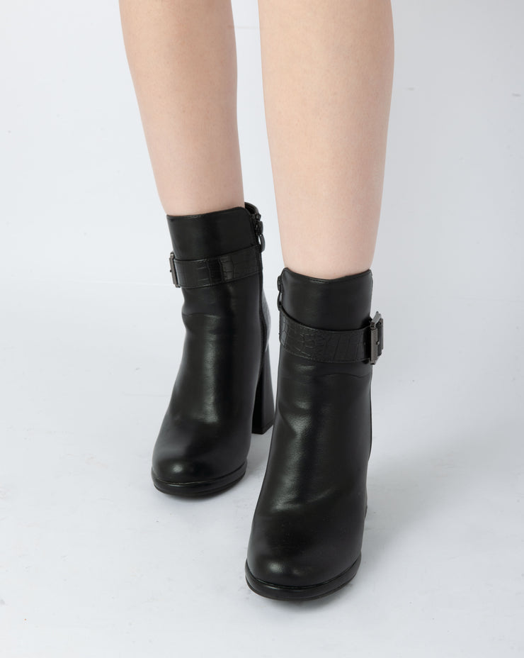 Textured Buckle Heel Boots - Black