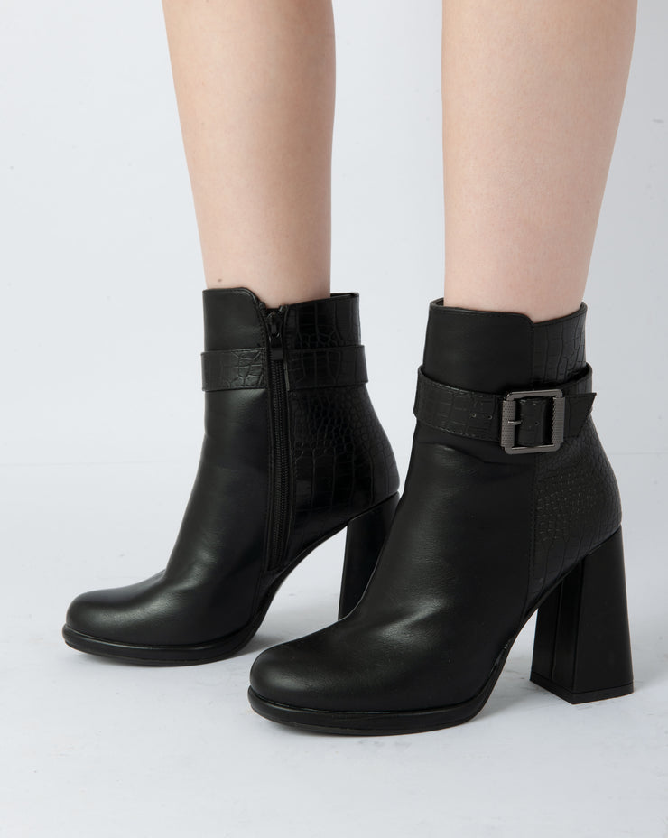 Textured Buckle Heel Boots - Black