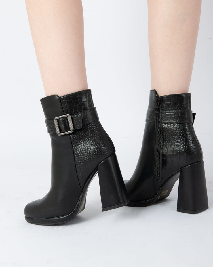 Textured Buckle Heel Boots - Black