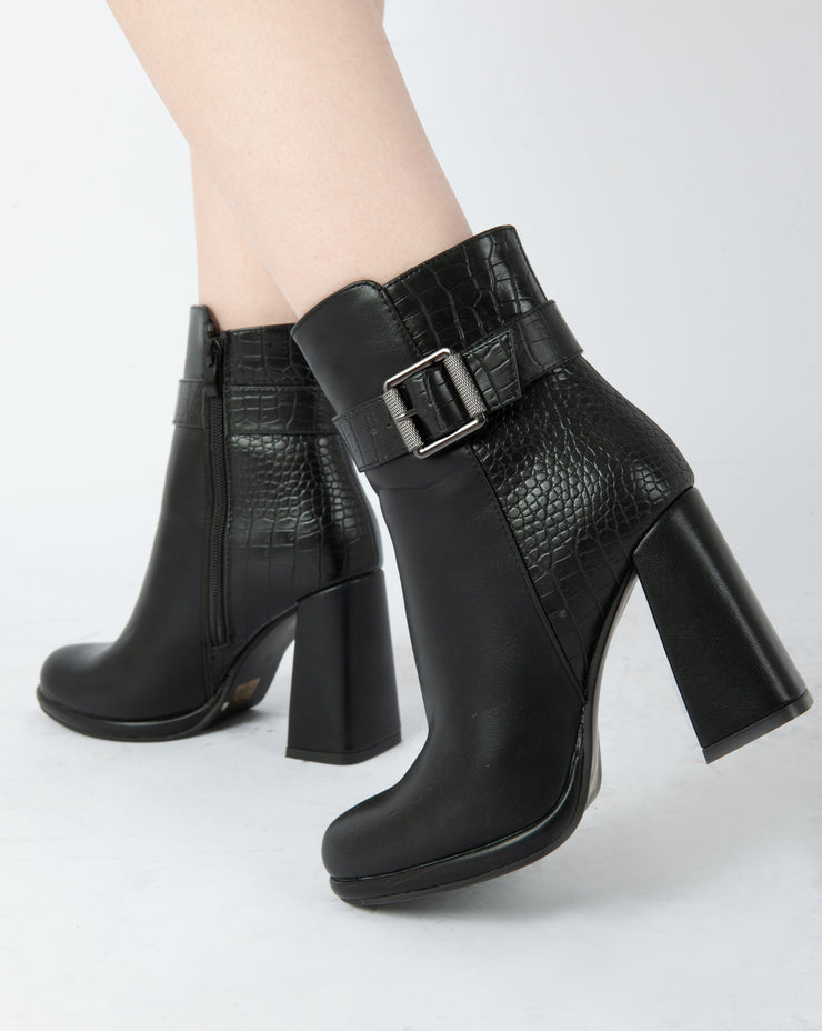 Textured Buckle Heel Boots - Black