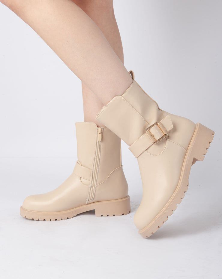 Buckle Ankle Boots - Beige