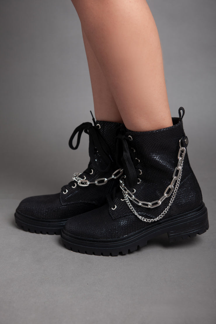 Croc Leather Chains Ankle Boot - Black