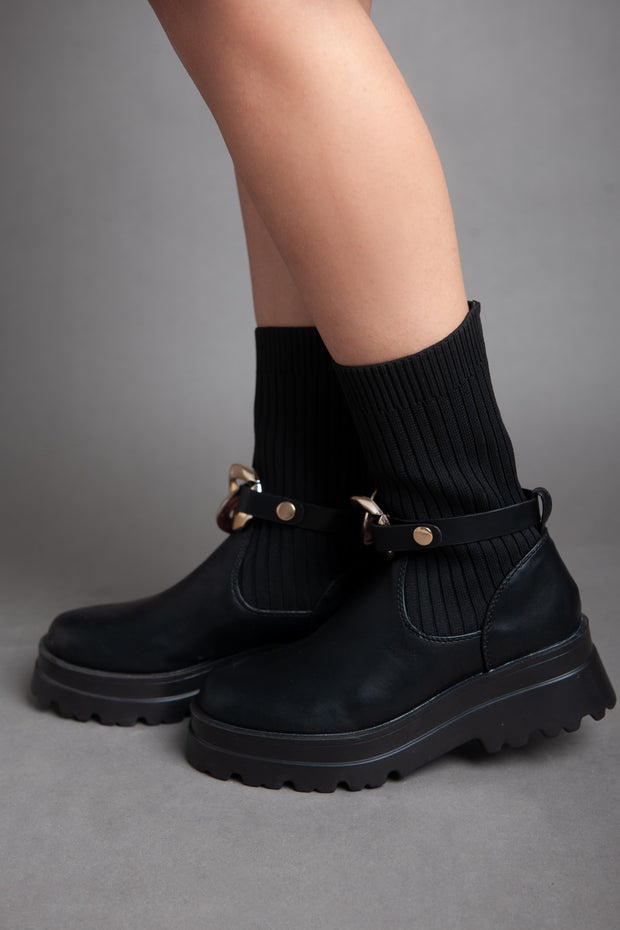 Chunky Golden Chains Boot Half Boot - Black