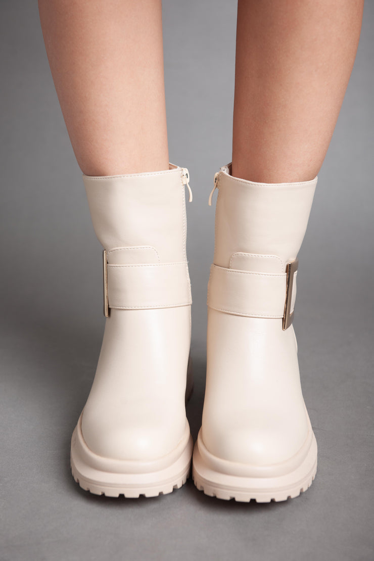 Golden Square Strap Half Boot - Beige