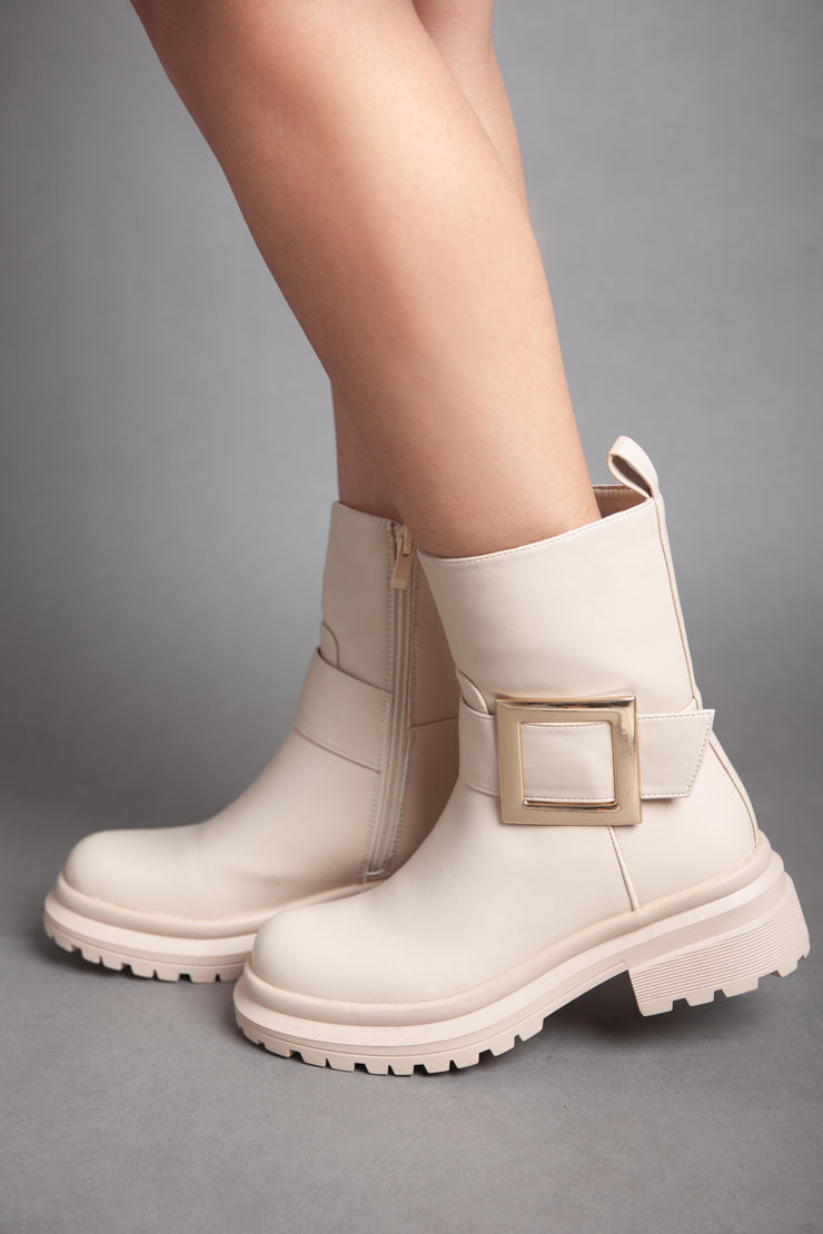 Golden Square Strap Half Boot - Beige