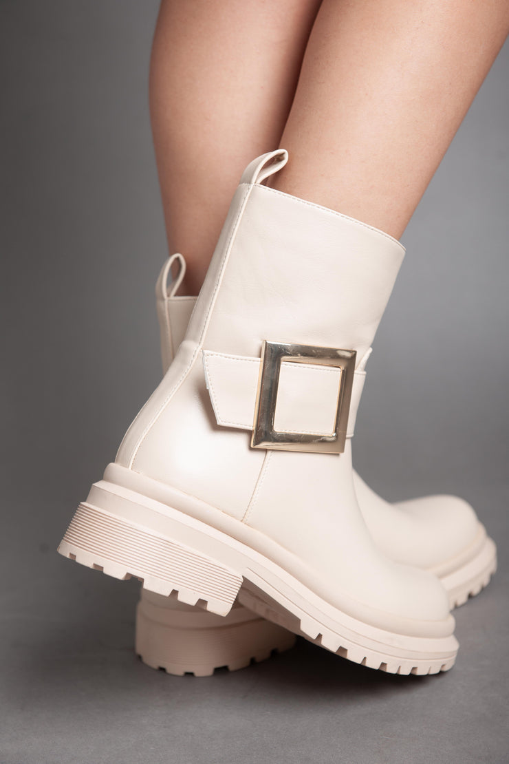 Golden Square Strap Half Boot - Beige